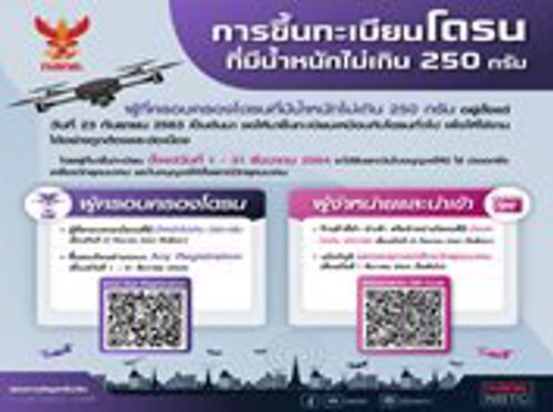 ประกาศจากสำนักงาน กสทช. เรื่อง การขึ้นทะเบียนโดรนหรืออากาศยานไร้คนขับที่มีน้ำหนักไม่เกิน 250 กรัม